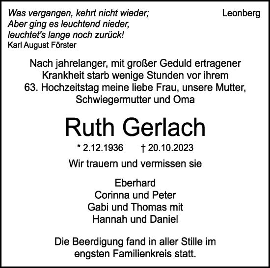 Traueranzeige von Ruth Gerlach von Stuttgarter Zeitung / Stuttgarter Nachrichten