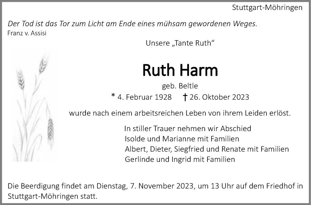  Traueranzeige für Ruth Harm vom 03.11.2023 aus Stuttgarter Zeitung / Stuttgarter Nachrichten