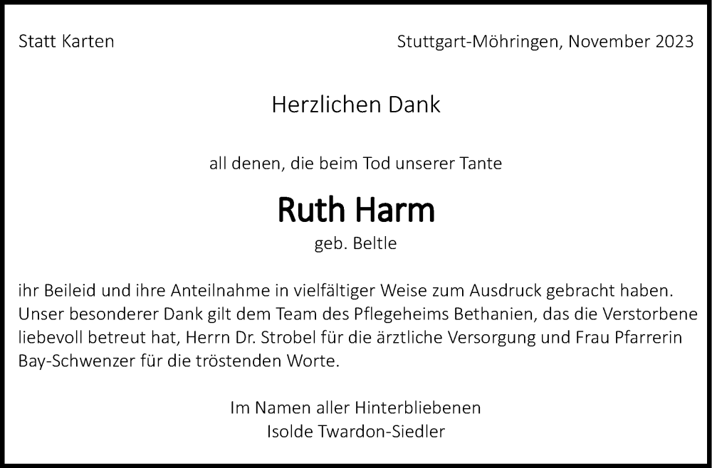  Traueranzeige für Ruth Harm vom 18.11.2023 aus Stuttgarter Zeitung / Stuttgarter Nachrichten