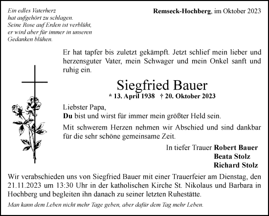 Traueranzeige von Siegfried Bauer von Stuttgarter Zeitung / Stuttgarter Nachrichten