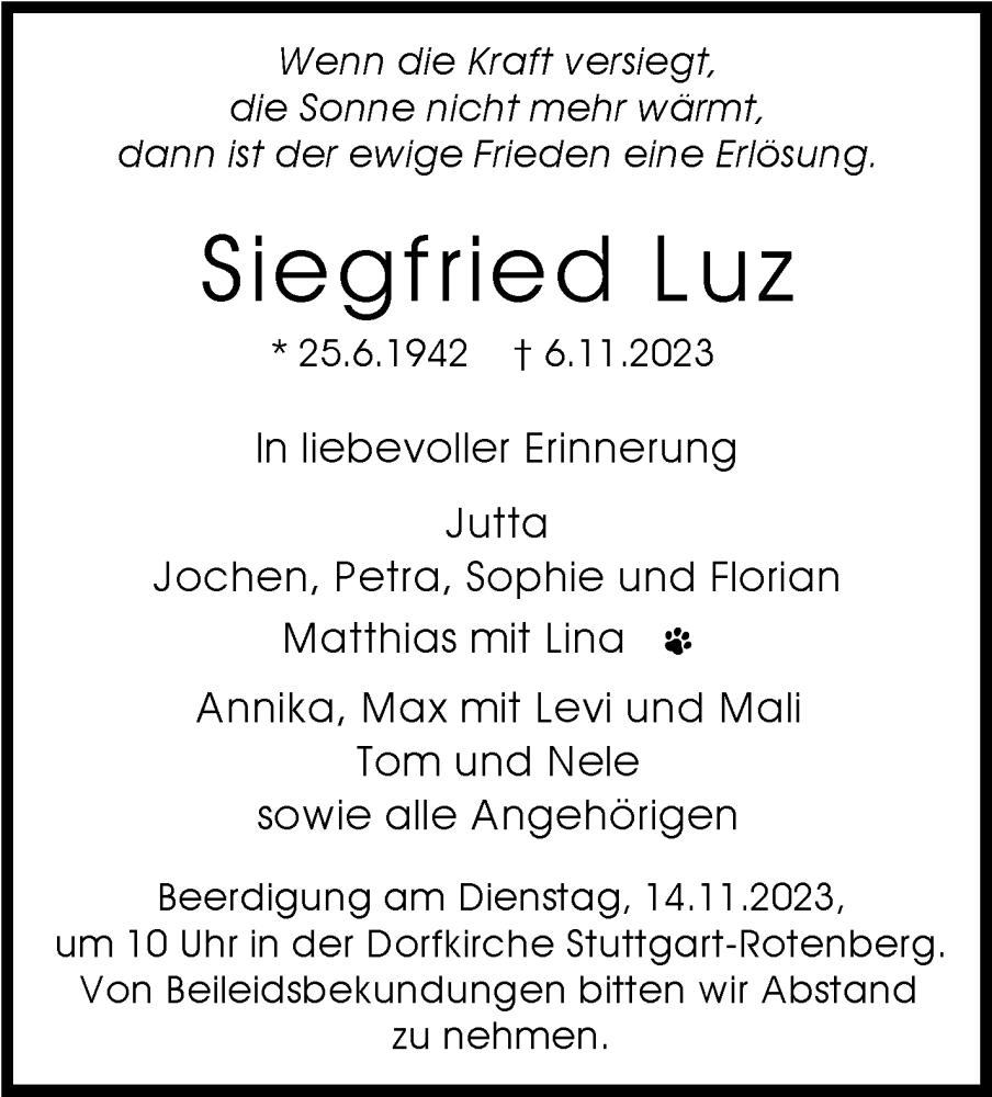  Traueranzeige für Siegfried Luz vom 11.11.2023 aus Stuttgarter Zeitung / Stuttgarter Nachrichten