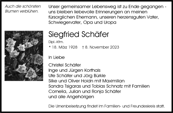 Traueranzeige von Siegfried Schäfer von Stuttgarter Zeitung / Stuttgarter Nachrichten