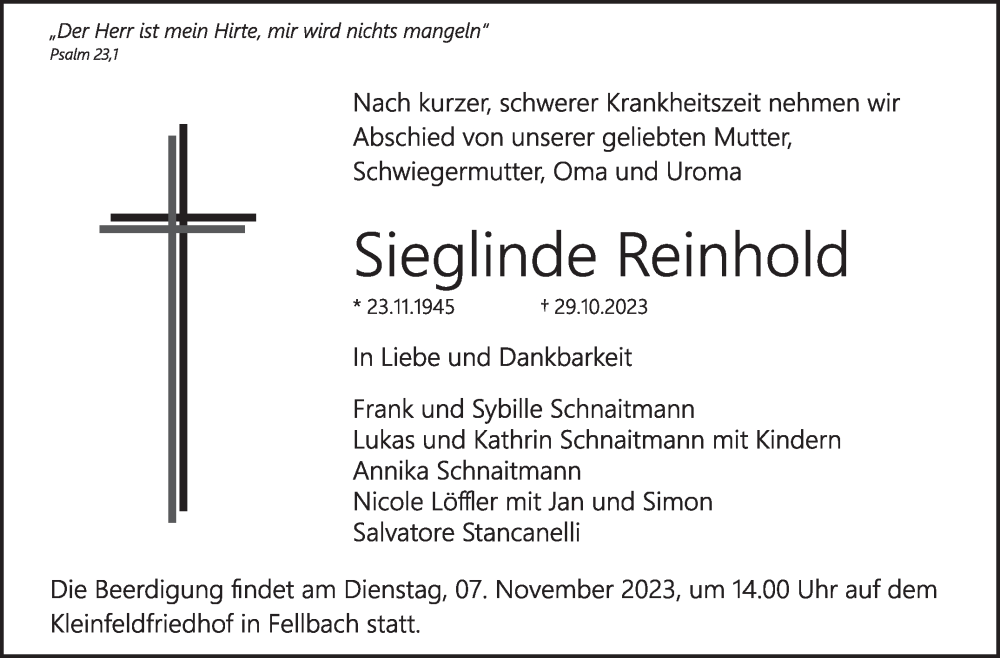  Traueranzeige für Sieglinde Reinhold vom 03.11.2023 aus Stuttgarter Zeitung / Stuttgarter Nachrichten