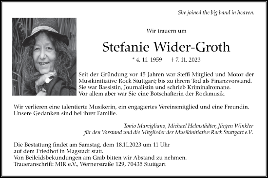 Traueranzeige von Stefanie Wider-Groth von Stuttgarter Zeitung / Stuttgarter Nachrichten