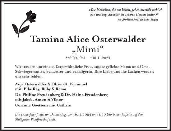Traueranzeige von Tamina Alice Osterwalder von Stuttgarter Zeitung / Stuttgarter Nachrichten