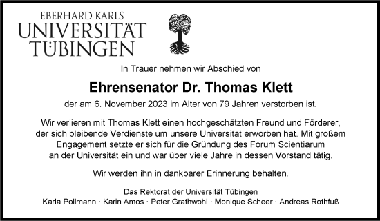 Traueranzeige von Thomas Klett von Stuttgarter Zeitung / Stuttgarter Nachrichten