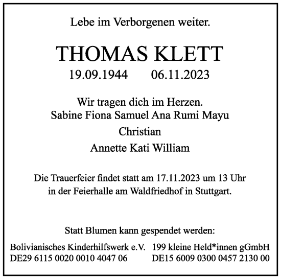 Traueranzeige von Thomas Klett von Stuttgarter Zeitung / Stuttgarter Nachrichten