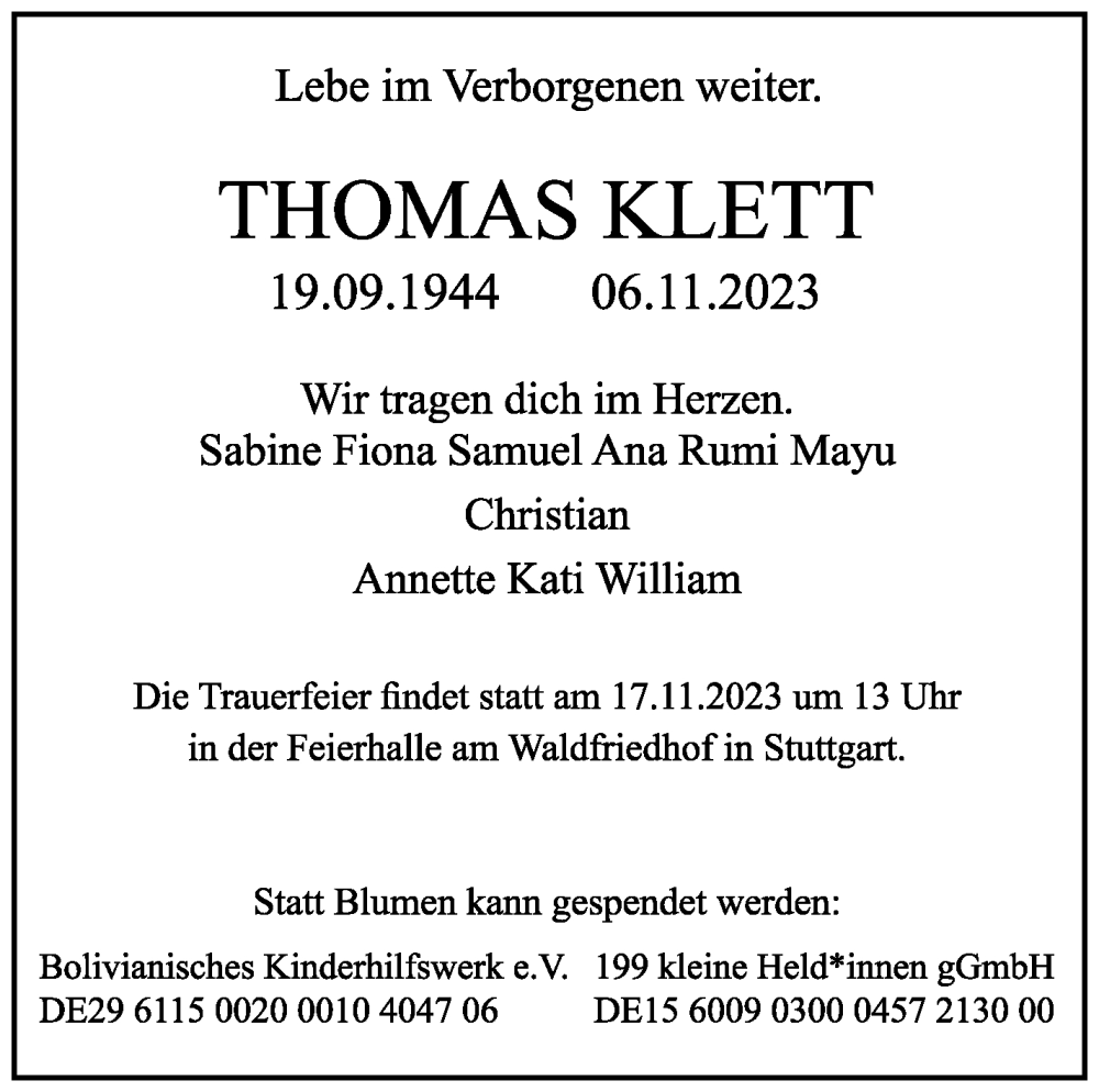  Traueranzeige für Thomas Klett vom 11.11.2023 aus Stuttgarter Zeitung / Stuttgarter Nachrichten