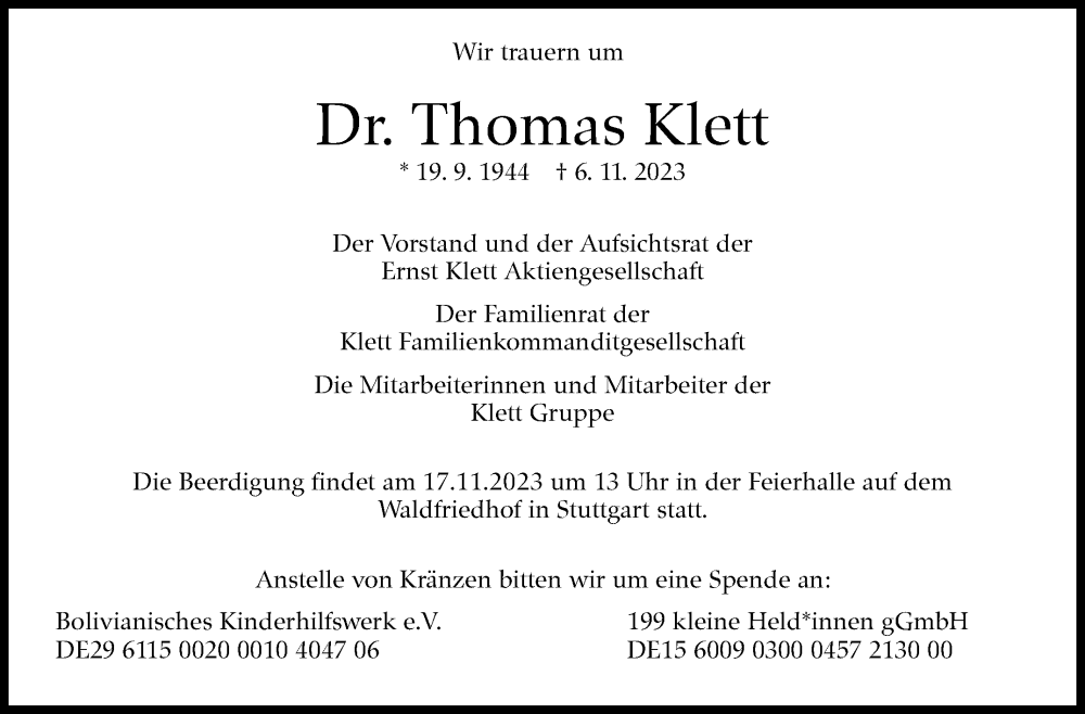  Traueranzeige für Thomas Klett vom 11.11.2023 aus Stuttgarter Zeitung / Stuttgarter Nachrichten