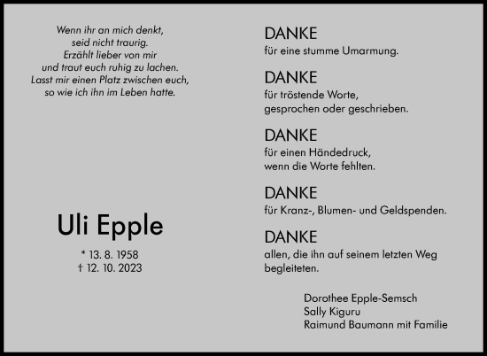 Traueranzeige von Uli Epple von Stuttgarter Zeitung / Stuttgarter Nachrichten