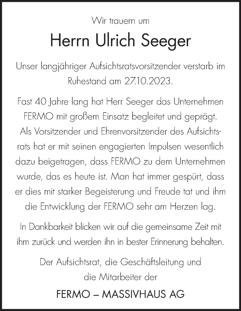  Traueranzeige für Ulrich Seeger vom 04.11.2023 aus Stuttgarter Zeitung / Stuttgarter Nachrichten