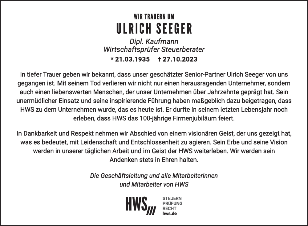  Traueranzeige für Ulrich Seeger vom 04.11.2023 aus Stuttgarter Zeitung / Stuttgarter Nachrichten