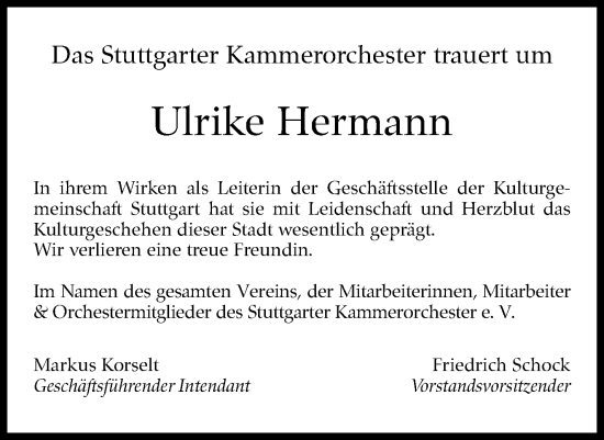 Traueranzeige von Ulrike Hermann von Stuttgarter Zeitung / Stuttgarter Nachrichten
