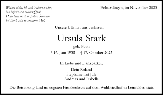 Traueranzeige von Ursula Stark von Stuttgarter Zeitung / Stuttgarter Nachrichten