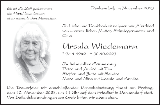 Traueranzeige von Ursula Wiedemann von Stuttgarter Zeitung / Stuttgarter Nachrichten