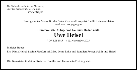 Traueranzeige von Uwe Heisel von Stuttgarter Zeitung / Stuttgarter Nachrichten