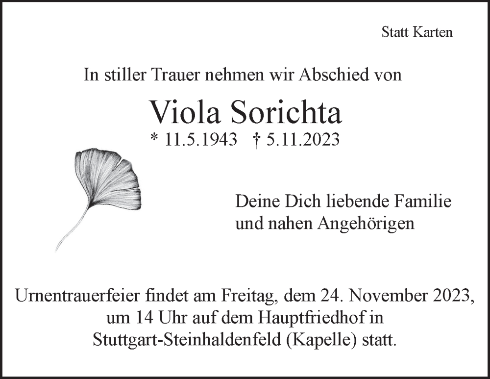  Traueranzeige für Viola Sorichta vom 16.11.2023 aus Stuttgarter Zeitung / Stuttgarter Nachrichten