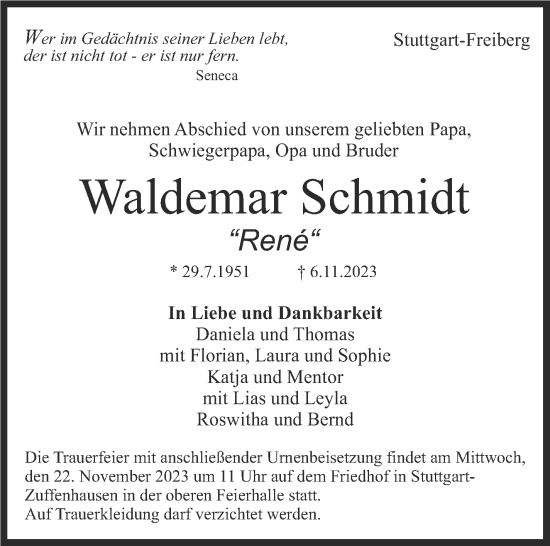 Traueranzeige von Waldemar Schmidt von Stuttgarter Zeitung / Stuttgarter Nachrichten