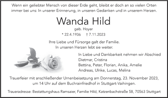 Traueranzeige von Wanda Hild von Stuttgarter Zeitung / Stuttgarter Nachrichten