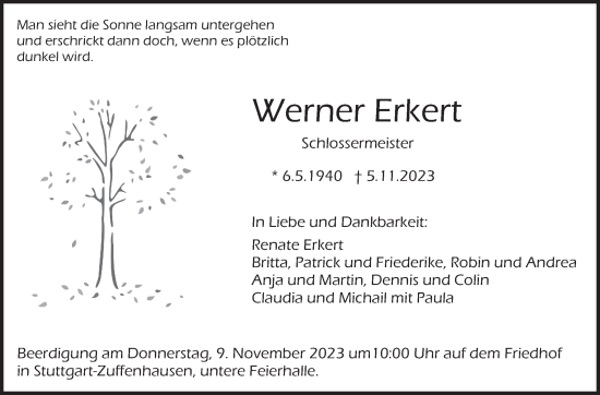 Traueranzeige von Werner Erkert von Stuttgarter Zeitung / Stuttgarter Nachrichten