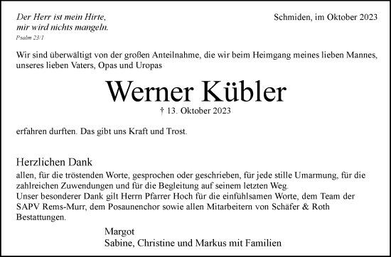 Traueranzeige von Werner Kübler von Stuttgarter Zeitung / Stuttgarter Nachrichten