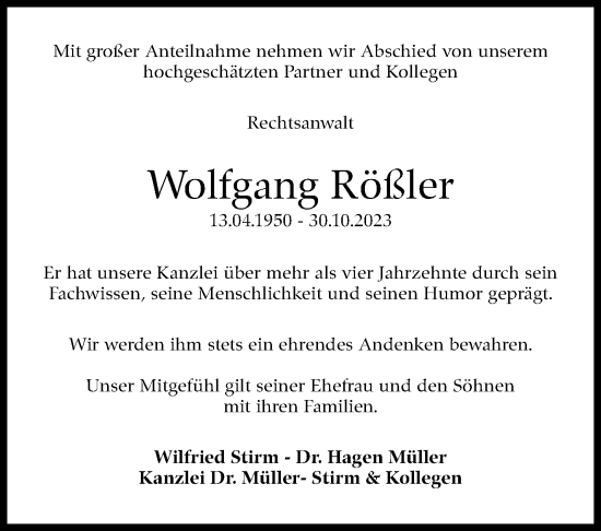 Traueranzeige von Wolfgang Rößler von Stuttgarter Zeitung / Stuttgarter Nachrichten