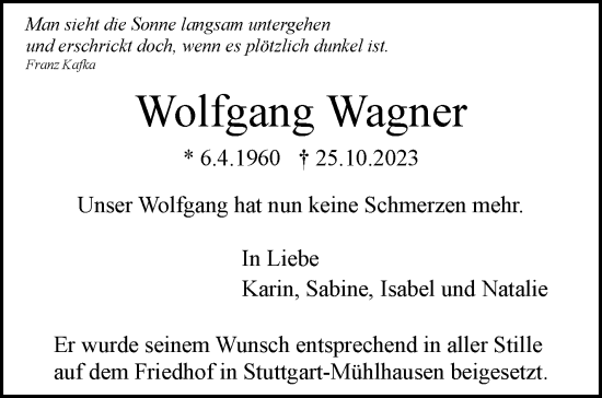 Traueranzeige von Wolfgang Wagner von Stuttgarter Zeitung / Stuttgarter Nachrichten