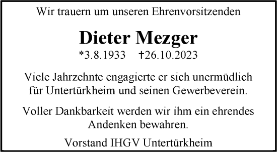Traueranzeige von Dieter Mezger von Stuttgarter Zeitung / Stuttgarter Nachrichten