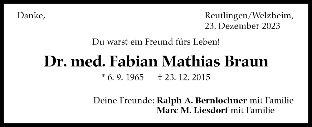  Traueranzeige für Fabian Mathias Braun vom 23.12.2023 aus Stuttgarter Zeitung / Stuttgarter Nachrichten