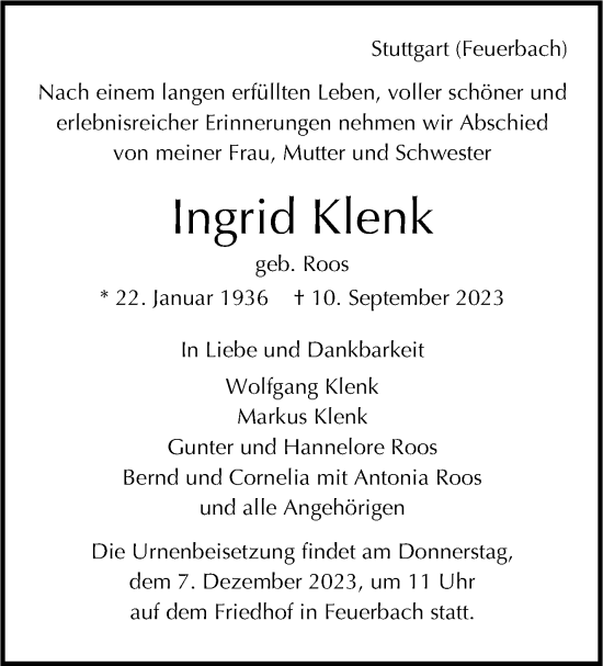 Traueranzeige von Ingrid Klenk von Stuttgarter Zeitung / Stuttgarter Nachrichten