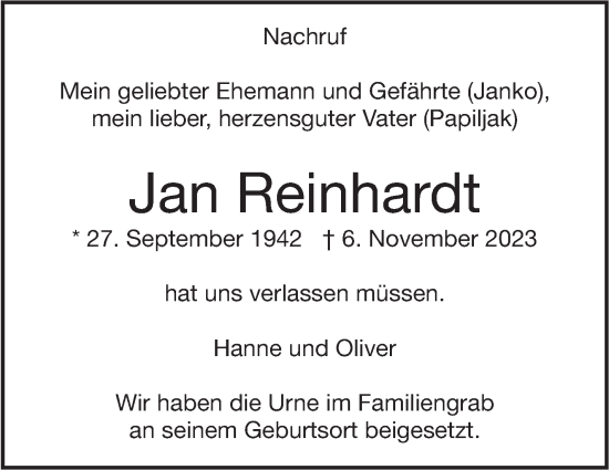 Traueranzeige von Jan Reinhardt von Stuttgarter Zeitung / Stuttgarter Nachrichten
