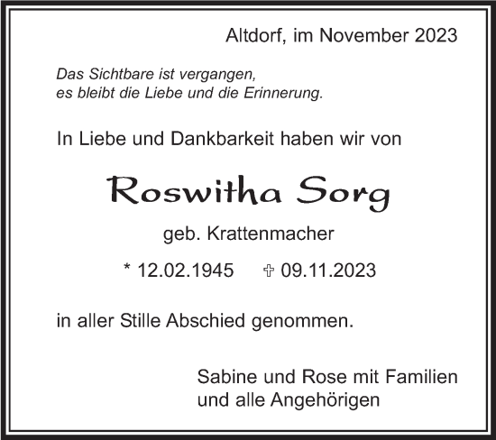 Traueranzeige von Roswitha Sorg von Stuttgarter Zeitung / Stuttgarter Nachrichten