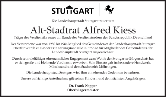 Traueranzeige von Alfred Kiess von Stuttgarter Zeitung / Stuttgarter Nachrichten