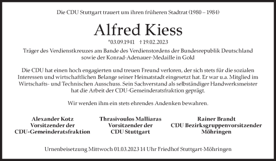 Traueranzeige von Alfred Kiess von Stuttgarter Zeitung / Stuttgarter Nachrichten