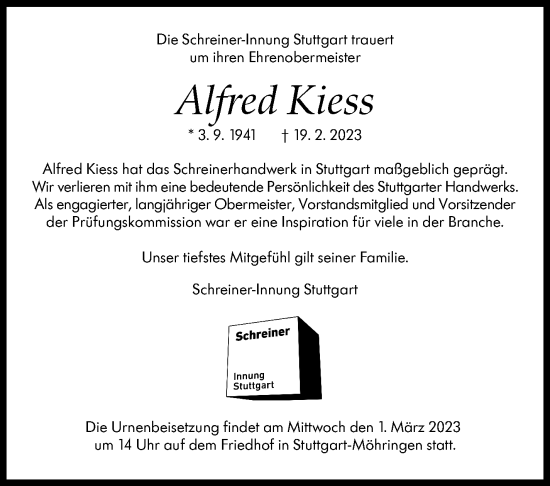 Traueranzeige von Alfred Kiess von Stuttgarter Zeitung / Stuttgarter Nachrichten
