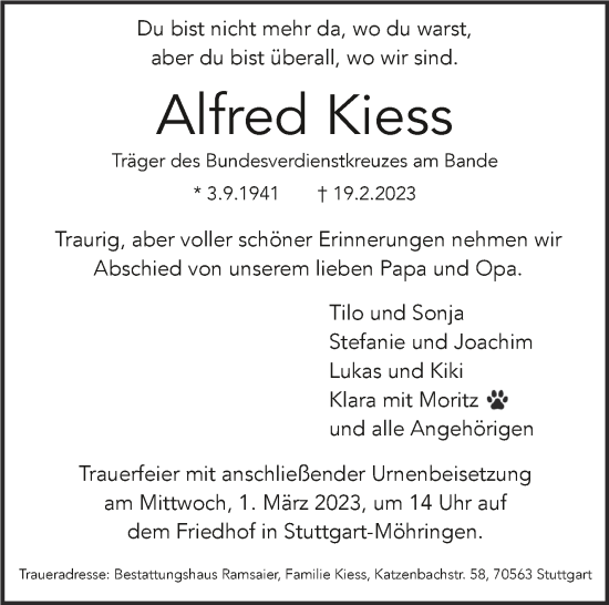 Traueranzeige von Alfred Kiess von Stuttgarter Zeitung / Stuttgarter Nachrichten