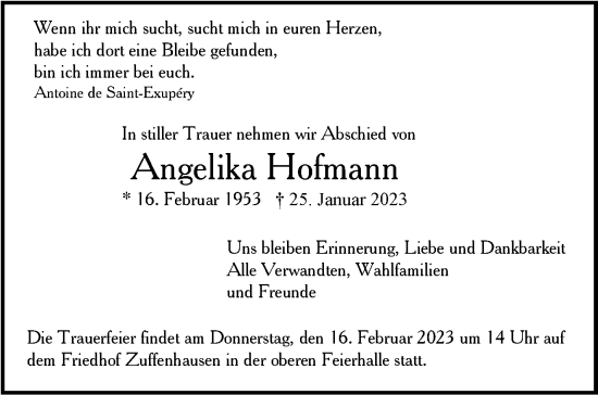 Traueranzeige von Angelika Hofmann von Stuttgarter Zeitung / Stuttgarter Nachrichten