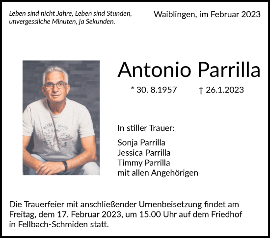 Traueranzeige von Antonio Parrilla von Stuttgarter Zeitung / Stuttgarter Nachrichten