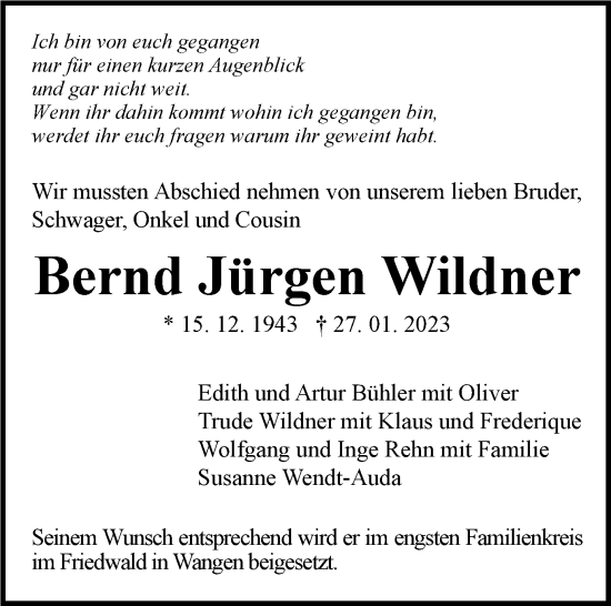 Traueranzeige von Bernd Jürgen Wildner von Stuttgarter Zeitung / Stuttgarter Nachrichten