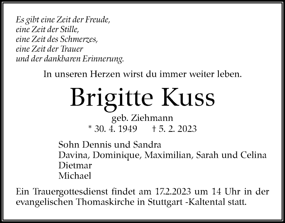  Traueranzeige für Brigitte Kuss vom 10.02.2023 aus Stuttgarter Zeitung / Stuttgarter Nachrichten