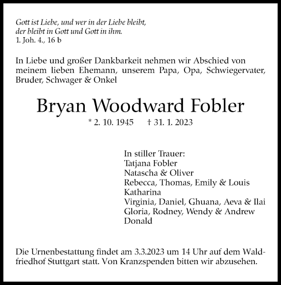 Traueranzeige von Bryan Woodward Fobler von Stuttgarter Zeitung / Stuttgarter Nachrichten