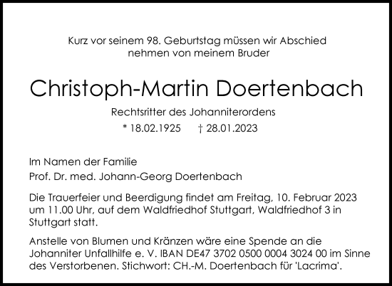 Traueranzeige von Christoph-Martin Doertenbach von Stuttgarter Zeitung / Stuttgarter Nachrichten