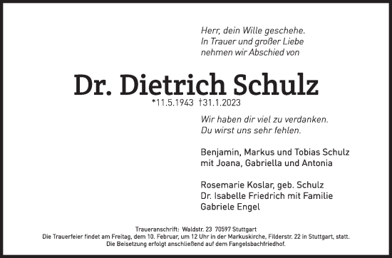 Traueranzeige von Dietrich Schulz von Stuttgarter Zeitung / Stuttgarter Nachrichten