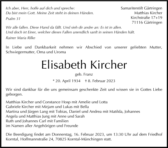 Traueranzeige von Elisabeth Kircher von Stuttgarter Zeitung / Stuttgarter Nachrichten