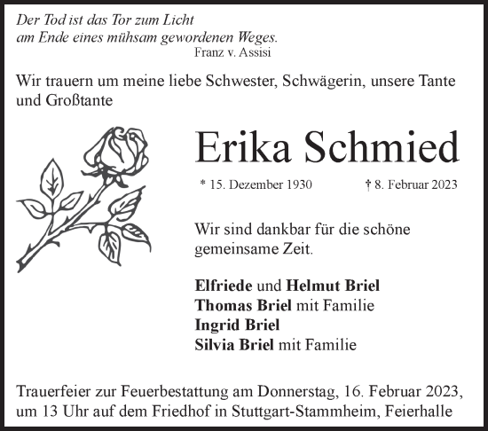 Traueranzeige von Erika Schmied von Stuttgarter Zeitung / Stuttgarter Nachrichten
