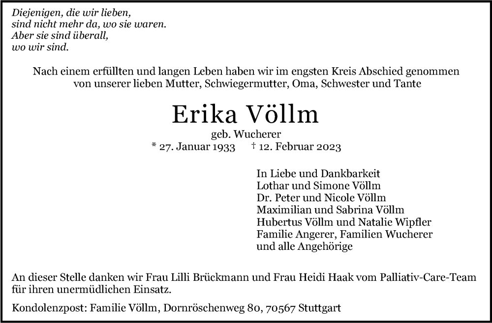  Traueranzeige für Erika Völlm vom 25.02.2023 aus Stuttgarter Zeitung / Stuttgarter Nachrichten