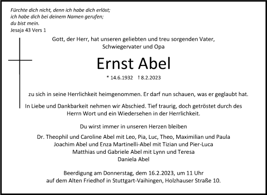 Traueranzeige von Ernst Abel von Stuttgarter Zeitung / Stuttgarter Nachrichten