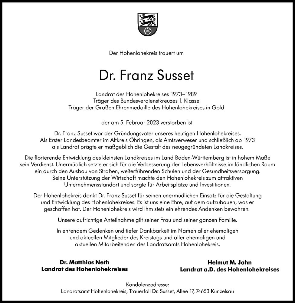  Traueranzeige für Franz Susset vom 10.02.2023 aus Stuttgarter Zeitung / Stuttgarter Nachrichten