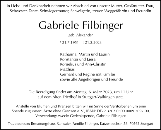 Traueranzeige von Gabriele Filbinger von Stuttgarter Zeitung / Stuttgarter Nachrichten