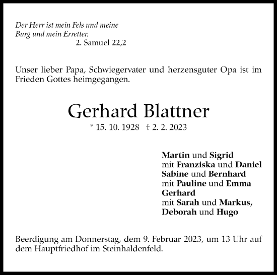 Traueranzeige von Gerhard Blattner von Stuttgarter Zeitung / Stuttgarter Nachrichten